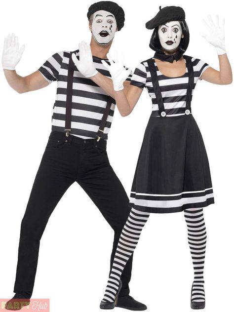 Lady Mime Artist includes a black and white dress, a black beret, a pair of white gloves, black and white striped tights and a make-up set. Transform yourself into an Mime Artist with these Mens or Ladies Costumes… You could really have some fun with these! | eBay! Mime Costume, Mime Artist, Black And White Costume, Black Braces, Fancy Dress Ideas, French Circus, Mens Fancy Dress, Black Beret, Circus Costume