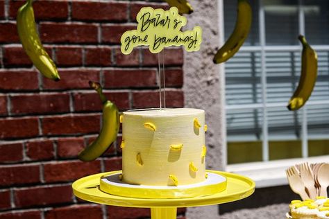 Banana Themed Birthday Cake, Banana Themed Cake, Banana Decorated Cake, Banana First Birthday Party, Banana Theme Cake, Banana Birthday Theme, Banana Themed Birthday Party, Banana Decoration Ideas, Banana Cake Decoration