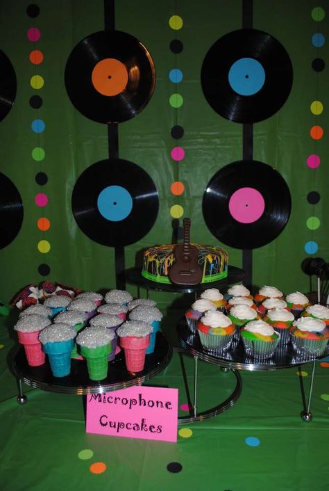 Rock n Roll Birthday Party Ideas | Photo 9 of 27 | Catch My Party Rock N Roll Birthday Party, Microphone Cupcakes, Rock N Roll Birthday, Rock And Roll Birthday Party, Rock Star Birthday Party, Tiktok Party, Decades Party, 90 Birthday, Rock And Roll Birthday