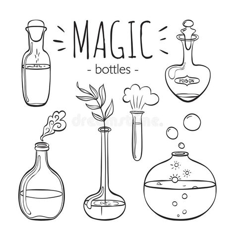 Magic glass bottles set. Hand drawn bottles on white background. Doodle collection. Magic glass bottles. Collection for coloring books stock illustration Books Illustration, Bottle Drawing, Magic Bottles, Bullet Journal Doodles, Journal Doodles, Bullet Journal Ideas Pages, Bullet Journal Inspiration, Doodle Drawings, Book Of Shadows