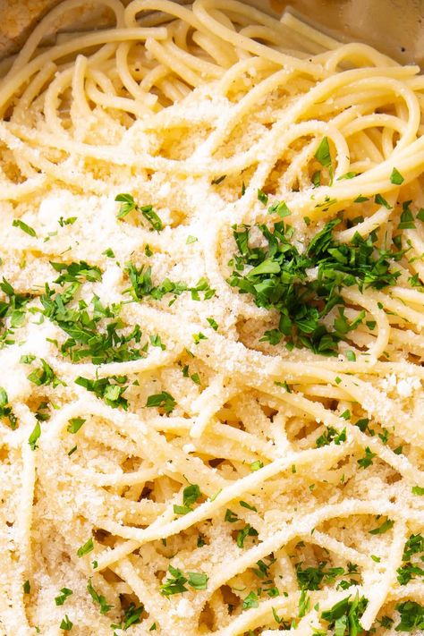 Buttery garlic comfort: This Garlic Butter Pasta boasts just the right amount of savory garlic butter sauce that coats your favorite pasta topped with grated parmesan and fresh parsley! Perfect for an Italian-inspired lunch or dinner! | Recipe at BeamingBaker.com Garlic And Herb Pasta, Garlic Butter Sauce For Pasta, Garlic Butter Pasta Sauce, Garlic Herb Pasta, Bucatini Recipes, Garlic Parmesan Roasted Potatoes, Garlic Butter Noodles, Butter Sauce For Pasta, Garlic Butter Pasta