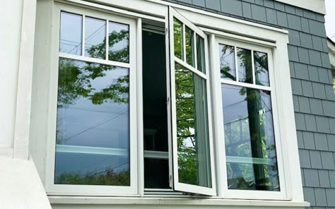 vinyl casement window heritage grids open Windows With Grids On Top, Short Fractional Window, Picture Window With Casement Windows, Picture Windows That Open, Triple Casement Window, Window Styles For Homes Exterior Modern, Anderson Windows Ideas, Casement Windows With Grids, Casement Window Design