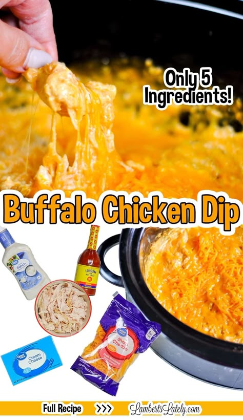 Buffalo Chicken Dip in a Crock Pot is so easy to make for gameday - only 5 ingredients! This rich, creamy, slightly spicy appetizer is delicious when served warm with tortilla chips. Buffalo Dip Crock Pot, Crock Pot Buffalo Chicken Dip, Favorite Crockpot Recipes, Artichoke Cups, Buffalo Chicken Dip Ingredients, Crock Pot Buffalo Chicken, Easy Buffalo Chicken Dip, Chicken Wings Crockpot, Chicken Wing Dip