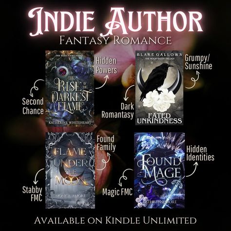 What’s a favorite romantasy of yours by an indie author? I finished The Rise of the Darkest Flame last week and I’m in love. Can’t wait to read the novella next! All of these books are available now on KU! The Rise of the Darkest Flame by @ka.whiteheart Fated Unkindness by @blakegallows A Flame Under the Moon by @amordeluna0 Found Mage by @k.moore.author Also, all these books have less than 400 ratings on Goodreads, so grab one today and support an indie author. We’d love ya for it. ... Reading List Challenge, Book Bucket, Moon Book, List Challenges, Read List, Fantasy Books To Read, Book Recs, Under The Moon, Book Worm