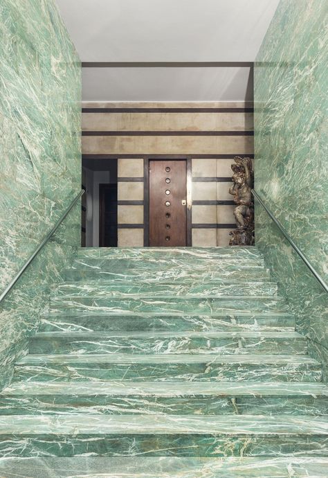 A Peek Inside Some of Milan’s Most Stunning Buildings - The New York Times Green Marble Interior, Piero Portaluppi, Green Marble Design, Marble Staircase, Marble Stairs, Hallway Designs, Concrete Jungle, Green Marble, Staircase Design