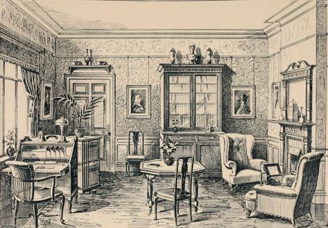 Edwardian Housekeeping: Furnishing the Home | Edwardian Promenade Edwardian Library Room, Edwardian Drawing Room, Victorian Morning Room, Vintage Room Drawing, Edwardian Sitting Room, 1890s Living Room, 1900 Interior Design, Victorian Parlor Sitting Rooms, Edwardian Drawing