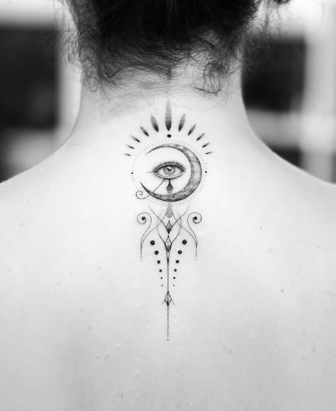 Eye Moon Tattoo, Geometric Eye Tattoo, Universe Abundance, 3rd Eye Tattoo, Women Chest Tattoo, Third Eye Tattoos, All Seeing Eye Tattoo, Bali Tattoo, Fineline Tattoos