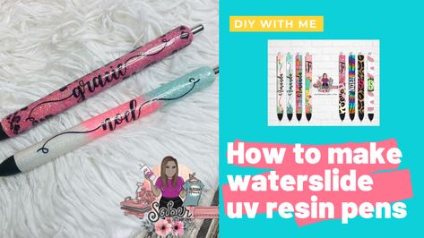 A quick tutorial on how to make the glitter epoxy pens with uv resin and clear waterslide decals Silhouette Cameo 4 Projects, Uv Resin Pens, Uv Resin Projects, Custom Ink Pens, Fun Hobbies To Try, Cameo 4 Projects, Uv Resin Crafts, Mod Podge Glitter, Cricket Machine