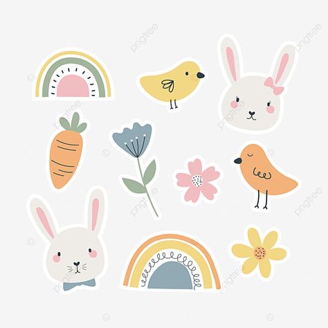 Easter Stickers Aesthetic, Easter Cartoon Drawings, Cute Spring Illustration, Easter Stickers Free Printables, Rabbit Illustration Cute, Spring Color Season, Easter Rabbit Illustration, Easter Bunny Drawing, Easter Clipart Cute