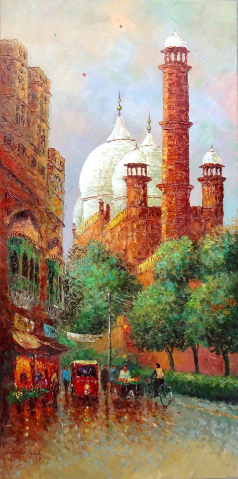 Pakistan Art Culture, Pakistan Illustration Art, Pakistan Painting Ideas, Pakistan Art Paintings, Pakistani Art Paintings, Pakistan Buildings, Pakistani Paintings, Lahore Painting, Pakistani Culture Art