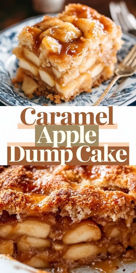 A collage with close-up views of caramel apple dump cake. The top image features a slice of the dessert on a decorative plate, showcasing baked apple layers, crumbly topping, and caramel sauce. The bottom image shows a close-up of the baking dish with a missing slice, revealing layers of caramel-soaked apples and a golden-brown crumb crust. Text in the center reads "Caramel Apple Dump Cake" in bold and elegant fonts. Carmel Ideas Dessert Recipes, Caramel Apple Pie Dump Cake, Desserts With Ice Cream On Top, Apple Lasagna Dessert, Caramel Apple Desserts Easy, Apple Dessert For A Crowd, Caramel Apple Cake Recipe Easy, Desserts Made With Apples, Quick And Easy Apple Desserts