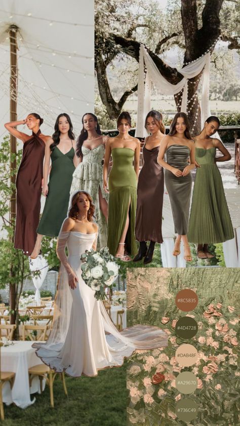 20s Bridesmaid Dresses, Green Tone Wedding Theme, Brown Green Bridesmaid Dresses, Neutral Green Wedding Colors, Fall Wedding Vineyard, A&be Bridal Shop Sacramento, Earthy Bridal Party, Sage Green And Brown Wedding Theme, Bridesmaids Prep Outfits