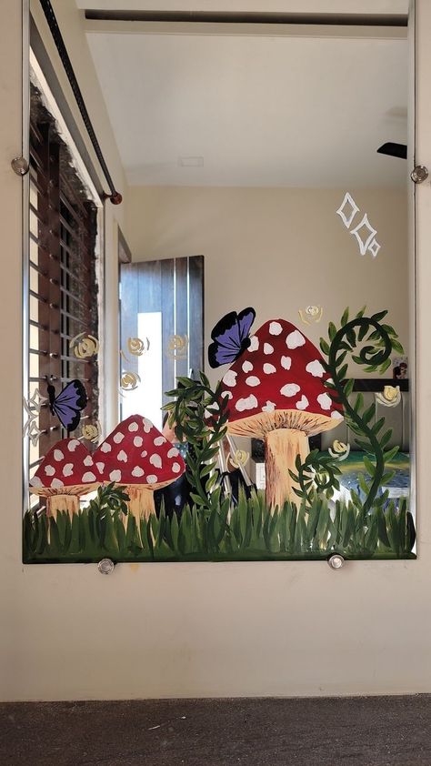 Mushroom Painting Mirror, Mirror Design Painting, Mushroom Painted Mirror, Aesthetic Painting On Mirror, Drawings On Mirrors Ideas, Things To Paint On Mirrors Rectangle, Painted Mirrors Aesthetic, Long Painted Mirror, Painting Ideas On Mirrors