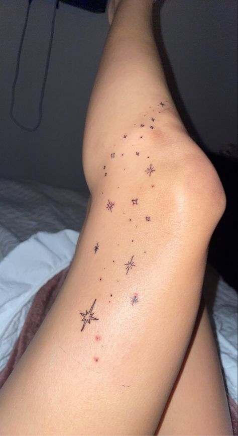 Stars Patchwork Tattoo, Live Like The Stars Tattoo, Sparkle Tattoo Aesthetic, Stick And Pokes With Meaning, Scattered Star Tattoos, Nastolgic Tattoo, Simplistic Star Tattoo, Fairy Dust Tattoo Stars, Star Tattoos On Leg