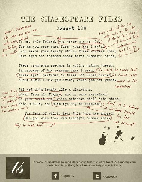 The Shakespeare Files: Sonnet 104 (Annotated) - Shakespeare Sonnets Aesthetic, Shakespeare Annotations, Shakespeare Novels, Annotations Aesthetic, Shakespeare Midsummer Night's Dream, Uncultured Swine, Summer Kiss, Best Powerpoint Presentations, English Literature Notes