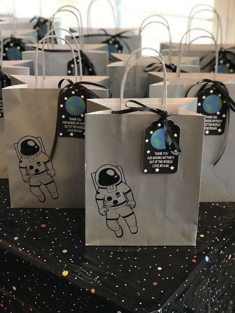 Space Party Bag Ideas, Rocket Themed 3rd Birthday Party, Space Theme Goodie Bag Ideas, 2 The Moon Party, Astronaut Bday Theme, Space Decor Birthday, Mars Party Ideas, Space Party Gift Bags, Space Birthday Gifts