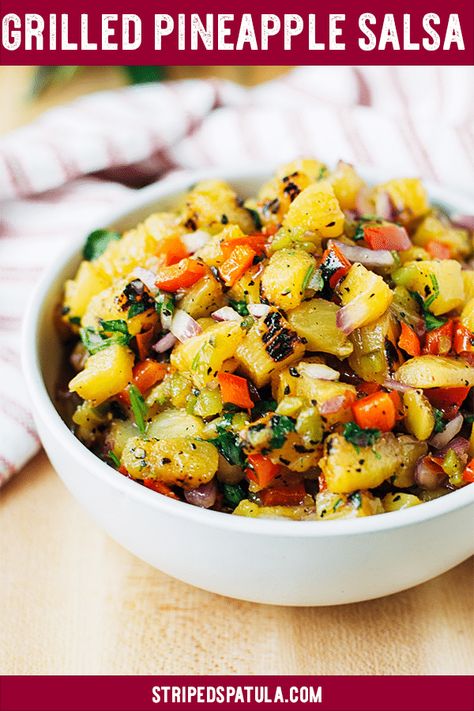 This Grilled Pineapple Salsa Recipe is sweet, smoky, a little bit spicy, and perfect for a summer appetizer. Serve it with chips, or as a condiment for your favorite grilled meat recipes, seafood, and tacos. ... #stripedspatula #pineapple #salsa #grilling #grill #summerrecipes #fruits #recipe #healthysnacks #healthyrecipes #vegetarian #vegetarianrecipes Grilled Pineapple Salsa Recipe, Barbecue Dishes, Grilled Pineapple Salsa, Pineapple Salsa Recipe, Grilled Meat Recipes, Recipes Shrimp, Salsa Recipes, Spicy Salsa, Food For Health