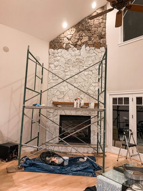 White Wash Fieldstone Fireplace, Stone Wall Painted White, Stone Wash Fireplace, Old Stone Fireplace Ideas, Stone White Wash Fireplace, Stone Fireplace Limewash, Limewash Stone Fireplace Before And After, How To Whitewash A Stone Fireplace, White Washed Stone Wall