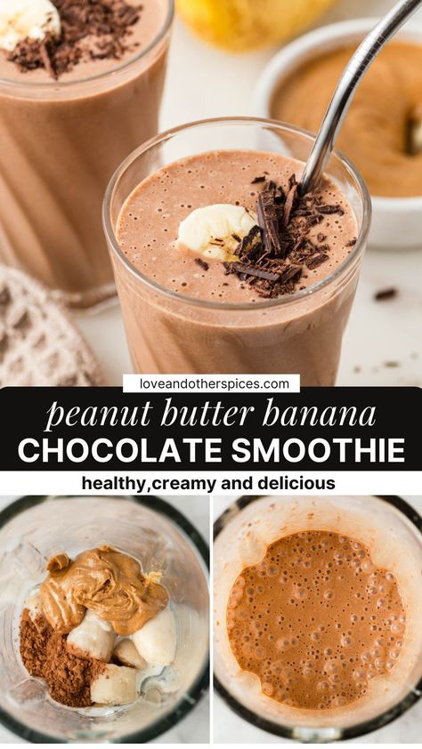 Creamy, luscious, and packed with healthy fats, this chocolate peanut butter banana smoothie is great as a healthy breakfast or a snack. With just 5 ingredients it's so easy to whip up and tastes like a chocolate milkshake! Here's how to make one. Chocolate Peanut Butter Banana Smoothie, Chocolate Banana Smoothie, Chocolate Peanut Butter Smoothie, Peanut Butter Banana Smoothie, Smoothie Recipes Healthy Breakfast, Peanut Butter Smoothie, Protein Smoothie Recipes, Chocolate Smoothie, Chocolate Milkshake