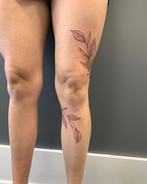 Loved doing this wrap around the leg for Cassidy! All drawn on | Instagram Plant Wrap Around Leg Tattoo, Women’s Leg Tattoos Simple, Thigh Tattoos That Wrap Around, Flowers Calf Tattoo, Line Art Leg Tattoo, Pothos Leg Tattoo, Delicate Knee Tattoo, Floral Knee Wrap Tattoo, Wrap Around Plant Tattoo