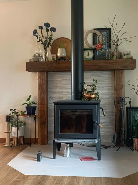 Standing Stove Fireplace, Mantel Behind Wood Stove, Pellet Stove Wall Ideas, Stove Wood Shelf, Brick Wall Wood Stove, Walls Behind Wood Burning Stoves, Freestanding Wood Burning Stove, Wood Burn Stove Living Room, Mantle Over Pellet Stove