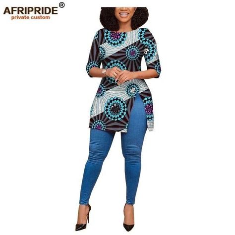 African Tops For Women With Jeans, African Blouses With Jeans, Kitenge Tops Designs, Ankara Shirts Women, Ankara Top Styles For Jeans, African Blouses For Women, Blouse Ankara Styles, Ankara Tops With Jeans, Kitenge Tops