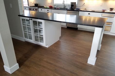 Kitchen Island Without Cabinets, Kitchen Island Overhang Support, Kitchen Island Overhang, Build A Kitchen Island, Floating Countertop, Living Room Remodel Ideas, Granite Countertops Colors, Countertop Support, Hardwood Floors In Kitchen