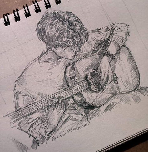 Guitar Guy Sketch, Guy Drawing Sketches, Drawing Guitar, Guy Sketch, Guitar Sketch, Guitar Drawing, Pencil Sketch Images, Anime Drawing Books, Meaningful Drawings