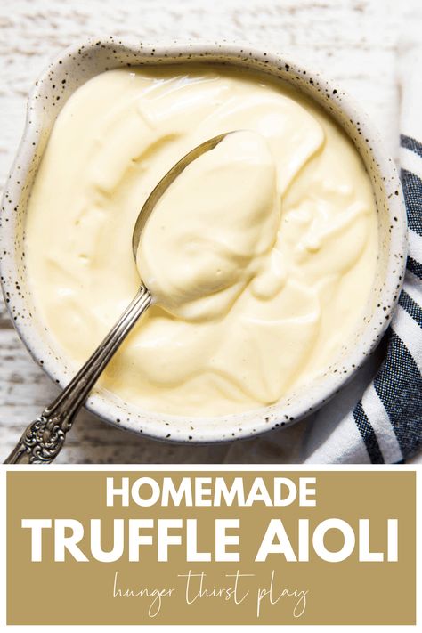 Homemade truffle aioli is the perfect sauce recipe for sandwiches, burgers and more! Truffle aioli or homemade truffle mayo takes simple ingredients and blends them in the food processor into a thick sauce and makes a great thick sauce for dipping french fries or a sauce on burgers. Truffle aioli is great with garlic or roasted garlic. Truffle Ranch Dressing, Garlic Truffle Aoli Recipe, Truffle Burger Recipe, Truffle Mayo Recipe, Truffle Sauce Recipe, Aioli Sauce Recipe, Aioli Recipes, Truffle Mayo, Truffle Aioli