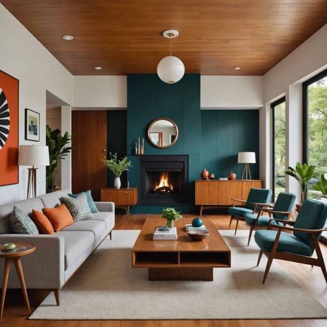 Mid Century Modern Wall Colors Living Rooms, Madmen Living Room, Coloured Living Room Ideas, Midcentury Modern Color Palette Living Room, Mid Modern Interior Design, Mid Century Modern Jewel Tones, Dark Mcm Living Room, Cherry Wood Interior Design, Mid Century Modern Living Room Green