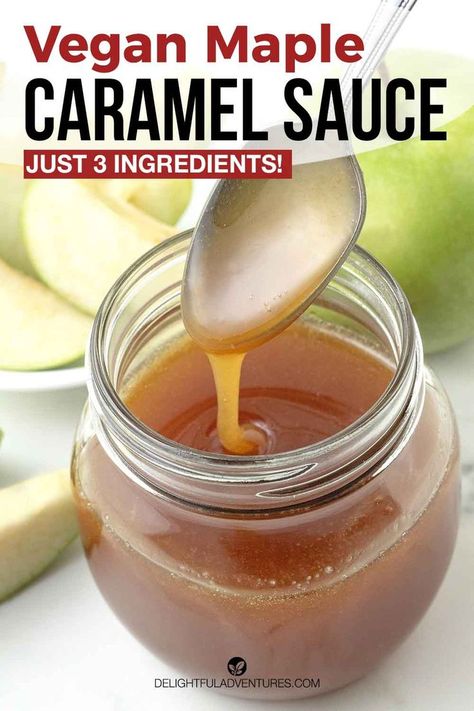 A spoon coming out of a jar of caramel, text says vegan maple caramel sauce, just 3 ingredients. Paleo Caramel Sauce, Coconut Milk Caramel Sauce, Non Dairy Caramel, Coconut Sugar Caramel Sauce, Dairy Free Caramel Dip, Vegan Caramel Recipe, Vegan Recipes With Coconut Milk, Nondairy Caramel, Things To Make With Coconut Milk