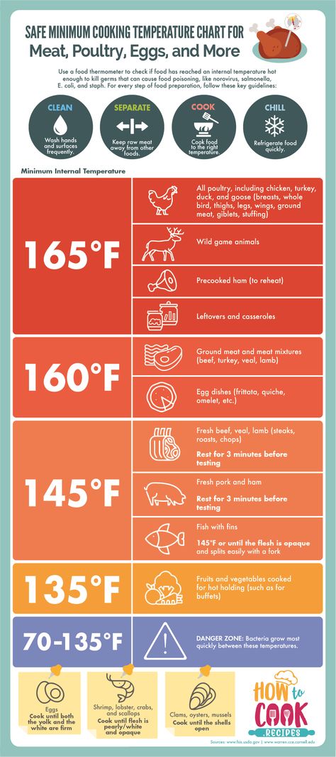 Safe Minimum Cooking Temperature Chart for Meat, Poultry, Eggs, and More | How To Cook.Recipes Meat Cooking Temperatures, Meat Temperature Chart, Cooked Chicken Temperature, Chicken Temperature, Ground Chicken Meatballs, Chicken Breast Instant Pot, Cooking Charts, Salad Add Ins, Sauteed Chicken Breast