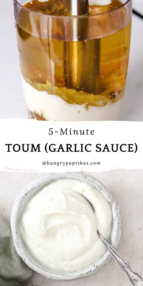 Top photo: oil, garlic and lemon being blended with an immersion blender Mediterranean Garlic Sauce, Toum Garlic Sauce, Shawarma Garlic Sauce, Toum Recipe, Whipped Garlic, Mediterranean Sauce, Lebanese Garlic Sauce, Garlic Sauce Recipe, The Mediterranean Dish