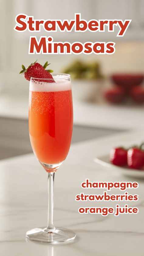 Strawberry Mimosas Recipe Christmas Champagne Cocktails, Breakfast Alcoholic Drinks, Best Christmas Drinks, Strawberry Mimosas, Mimosas Recipe, Strawberry Garnish, Sparkling Punch, Strawberry Mimosa, Holiday Drink Recipes