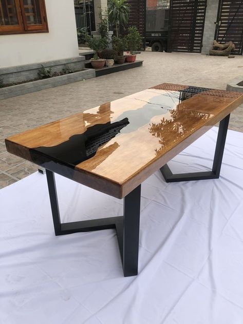 Restaurant Table Design, Metal And Wood Bench, Steel Furniture Design, Epoxy Wood Table, Wood Resin Table, Welded Furniture, Wood Table Design, Dinning Room Design, Furniture Details Design