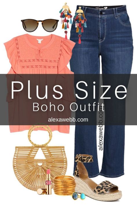 Plus Size Boho Spring Outfit with coral top, bootcut jeans, bamboo bag, leopard espadrille sandals, and statement earrings - Alexa Webb Cute Vacation Outfits Plus Size, Plus Size Spring Outfits 2024, Plus Size Summer Outfits Curvy Fashionista, Jeans Outfit Ideas For Women, Boho Plus Size Outfits, Spring Outfits Boho, Curvy Boho, Boho Mom, Alexa Webb