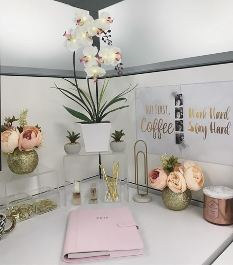 Cubicle desk decor - gold, pink, clear! Cubicle Desk Decor, Cubicle Decor Ideas, Cute Cubicle, Work Cubicle Decor, Cube Decor, Cubicle Ideas, Cubicle Office, Cubicle Design, Cubicle Makeover