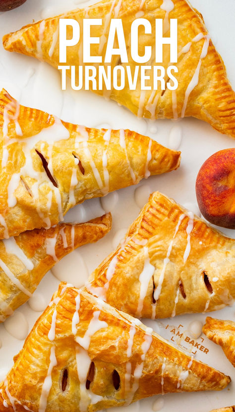 Peach Turnovers are squares of puff pastry filled with spiced canned peaches, baked to a golden brown, and drizzled with a sweet glaze. The flaky texture and fruity goodness will surely leave you craving more, and they are so easy to make! Enjoy a turnover as a breakfast treat, with a cup of coffee, or as a dessert. And, you can even make them in an air fryer! Peach Strudel Puff Pastries, Easy Peach Turnovers, Fresh Peach Turnovers Puff Pastries, Puff Pastry Peach Cobbler, Puff Pastry Dessert Ideas, Peach Turnovers Puff Pastries, Peach Puff Pastry Desserts, Cream Cheese Turnovers, Peach Pastry