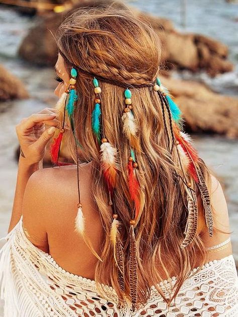 Womens Indian Halloween Costume, Native American Indian Women Costume Diy, Feathers In Hair, Woodstock Party, Boho Feather Headband, Artsy Projects, 70's Party, American Costume, Fun Hairstyles