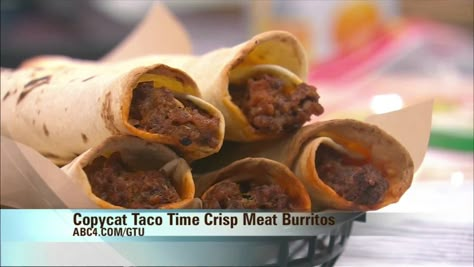 Crisp Meat Burrito Taco Time, Crisp Beef Burrito Taco Time, Homemade Beef Burritos, Taco Time Crisp Meat Burrito, Crisp Meat Burrito Recipe, Copycat Taco Time, Homemade Crisps, Burrito Recipes, Fried Cheese Curds