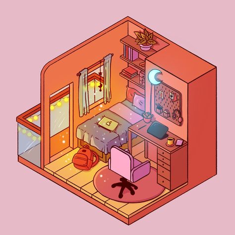 Isometric room by Nadiya Parapustyakova on Dribbble Cute Isometric Room, Isometric Room Art, Isometric Art House, Isometric 3d Room, Isometric Room Drawing, Kawaii Isometric, Isometric Room 3d, Isometric Art Illustration, Isometric Reference