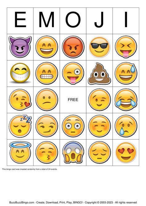 10 pages of Simple Emoji Images BINGO cards. Each bingo card is completely unique and randomly generated on demand for you when you order. Cards are packaged into a multiple page PDF which includes instructions and a randomized call sheet. The PDF is electronically delivered to you via email. A free 2 page sample PDF is available for a preview of your purchased bingo cards. You may print these packs over and over again forever. Emoji Bingo, Bingo Balls, Bingo Online, Free Bingo Cards, Bingo Party, Order Cards, Card Playing, Bingo Template, Emoji Images