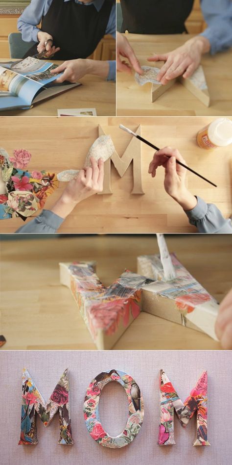 Decoupage Letters, Creative Mother's Day Gifts, Diy Decoupage, Diy Mother's Day Crafts, Decoupage Diy, Wall Letters, Diy Letters, Mothers Day Crafts For Kids, Mother's Day Diy