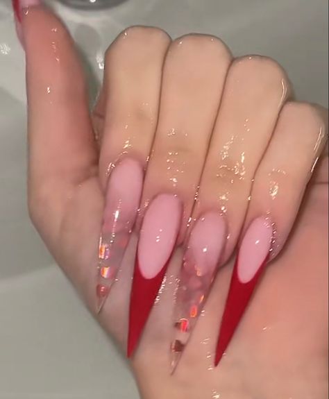 Valentine Nails Stilleto, Vday Stilleto Nails, Valentines Stelitto Nails, Red Stelitto Nails Long, Valentine Stilleto Nails Designs, Red Stiletto French Tip Nails, Stilleto Nails Valentine, Valentines Day Nails Acrylic Stiletto, Red French Stiletto Nails