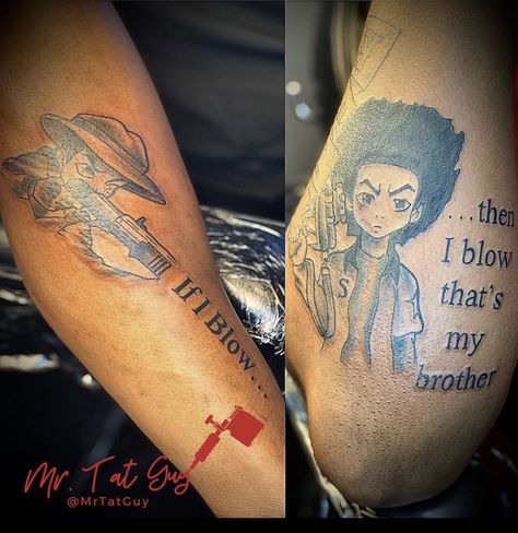 Boondocks Brothers Tattoo, Matching Tats For Brothers, Matching Tattoos Black Women, Brother And Brother Tattoos, Eat Or Get Ate Tattoo, Matching Tattoos Cartoon, 224 Tattoo Ideas Couples, Sibling Matching Tattoos Brother Sister, Matching Tattoos For Best Friends Men