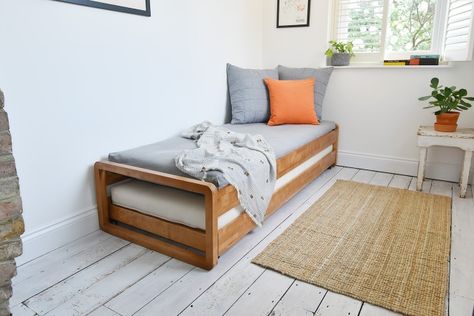 Shared Room With Trundle Bed, Bed Small Space, Ikea Utåker, Wood Single Bed, Bed In Bedroom, Bunk Loft, Trundle Bed Frame, Eco Lodges, Space Saving Ideas