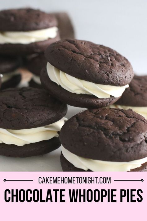 Chocolate whoopie pies are easy to make from scratch! No cake mix needed for this recipe. Chocolate cake cookies with vanilla buttercream filling. Whoopie Pie Filling, Whoopi Pies, Whoopie Pie Recipe, Chocolate Whoopie Pies, Kitchen Notes, Chocolate Cake Cookies, Whoopie Pie, Vintage Cakes, Best Baking Recipes