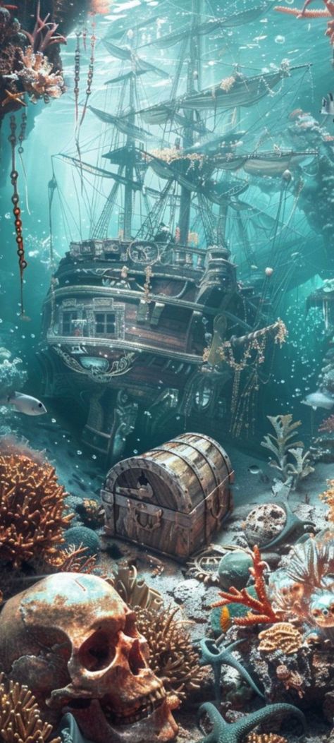 Pirate Ship Wreck, Pirate Background, Ocean Theme Tattoos, Ocean Creatures Art, Pirate Ship Tattoos, Pirate Images, Pirates Treasure, Pirate Ship Art, Sea Pirates