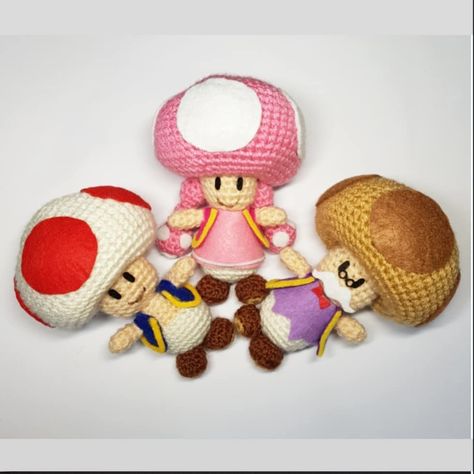 Toad, Toadette and Toadsworth. Part of Super Mario Phase 2 patterns. . . Used my Toad pattern for all three but changed the colours 😊 Toad Crochet Pattern, Crochet Toadette, Toadette Crochet Pattern, Crochet Toad Mario, Mario Mushroom Crochet Pattern, Mario Toad Crochet Hat Pattern, Crochet Frog And Toad Pattern, Toad From Mario Crochet, Mario Crochet