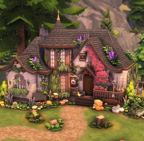 Tangled Flat Sims 4, Sims 4 Storybook House, Sims 4 Church Build, Cottagecore Architecture, Cottagecore Home Exterior, Trailer Home Exterior, Sims 4 Magic House, Wizard Cottage, Sims 4 Park